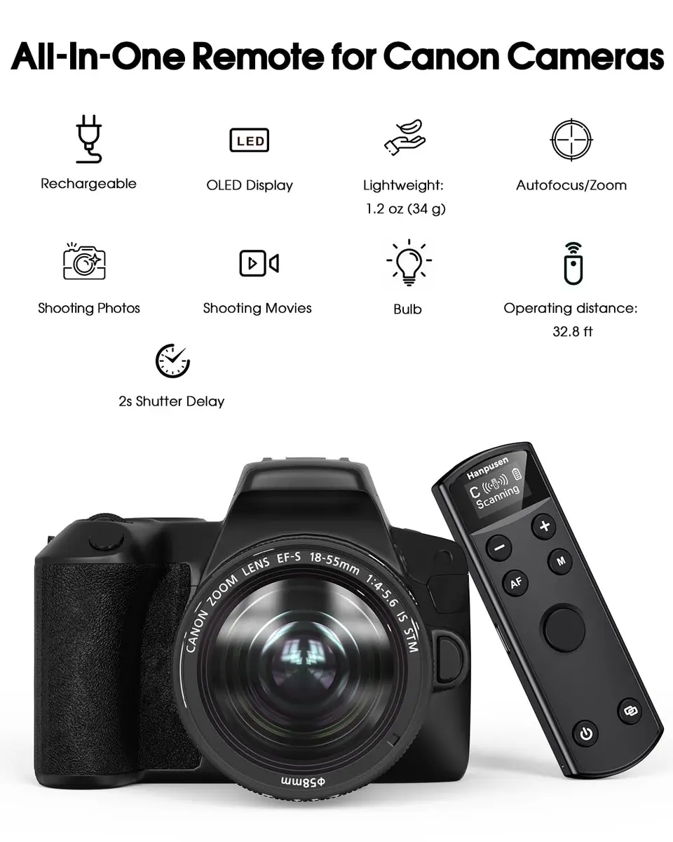 Hanpusen Rechargeable Wireless Shutter Release Remote for Canon Cameras with OLED Screen | 10m (32.8ft) Range - view 2