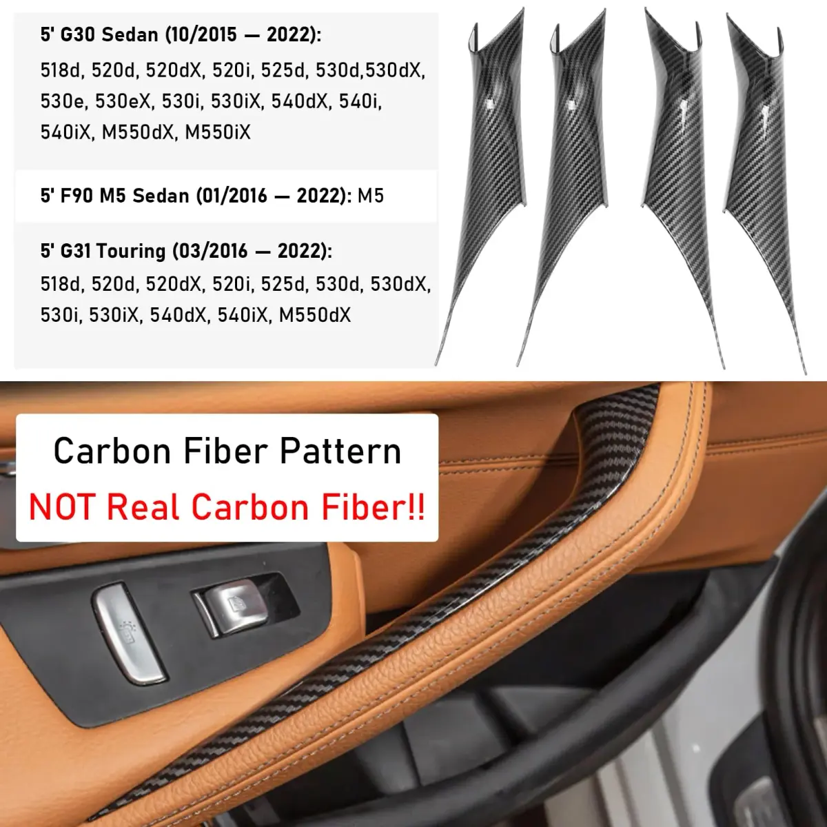 Jaronx Carbon Fiber Pattern Door Handle Covers 4 Pieces | For BMW 5 Series G30 G31 F90 M5 2017-2022 - view 4