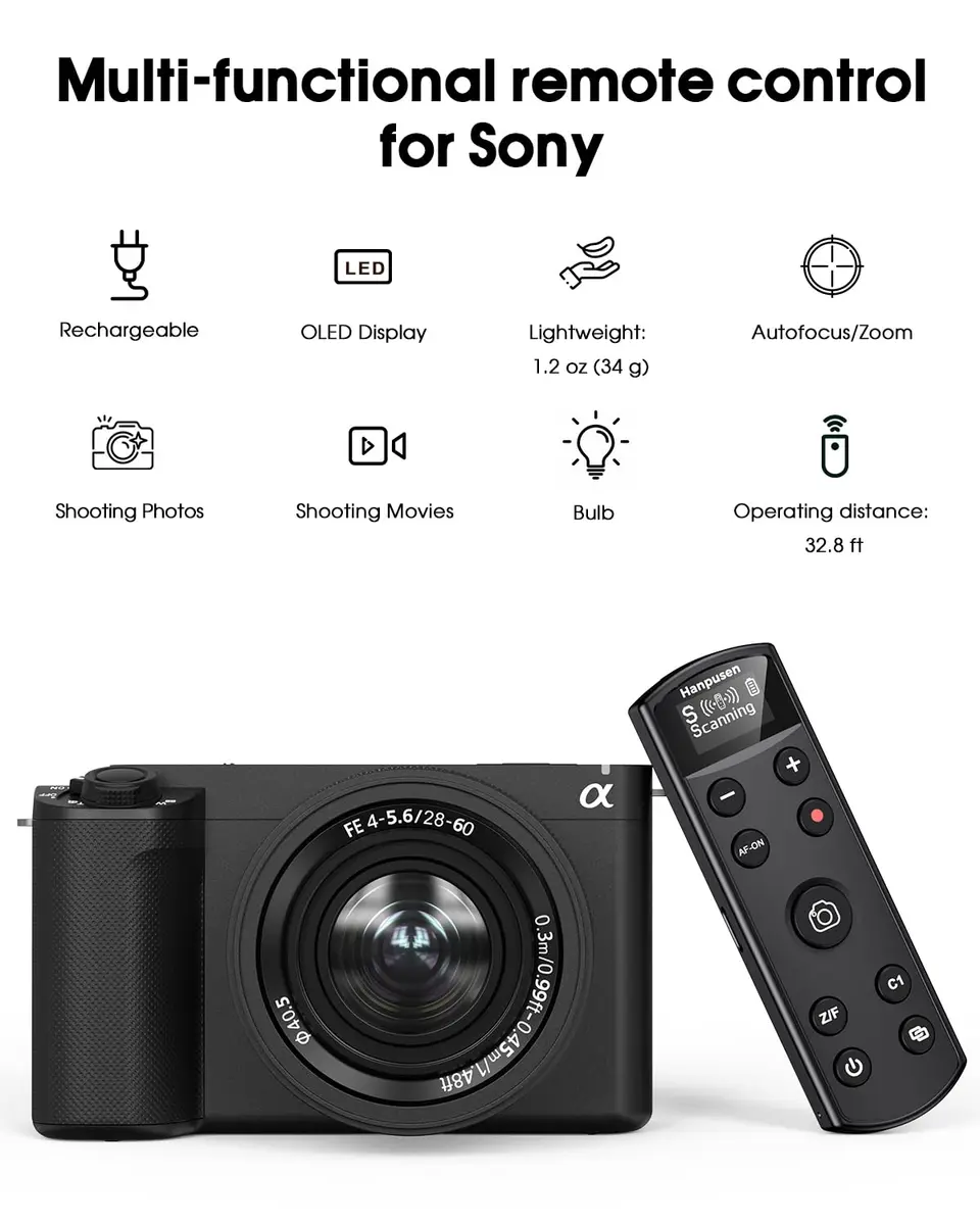 Hanpusen Rechargeable Wireless Camera Remote Control with OLED Screen for Sony Cameras | 10m (32.8ft) Range - view 2