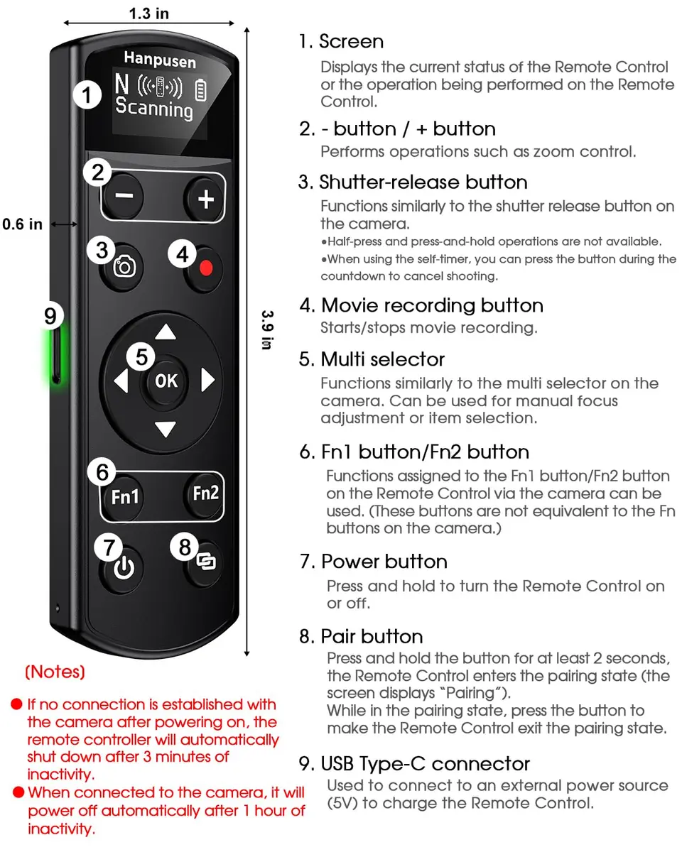 Hanpusen Rechargeable Wireless Shutter Remote with OLED for Nikon Z Series Cameras | 10m Range - view 8