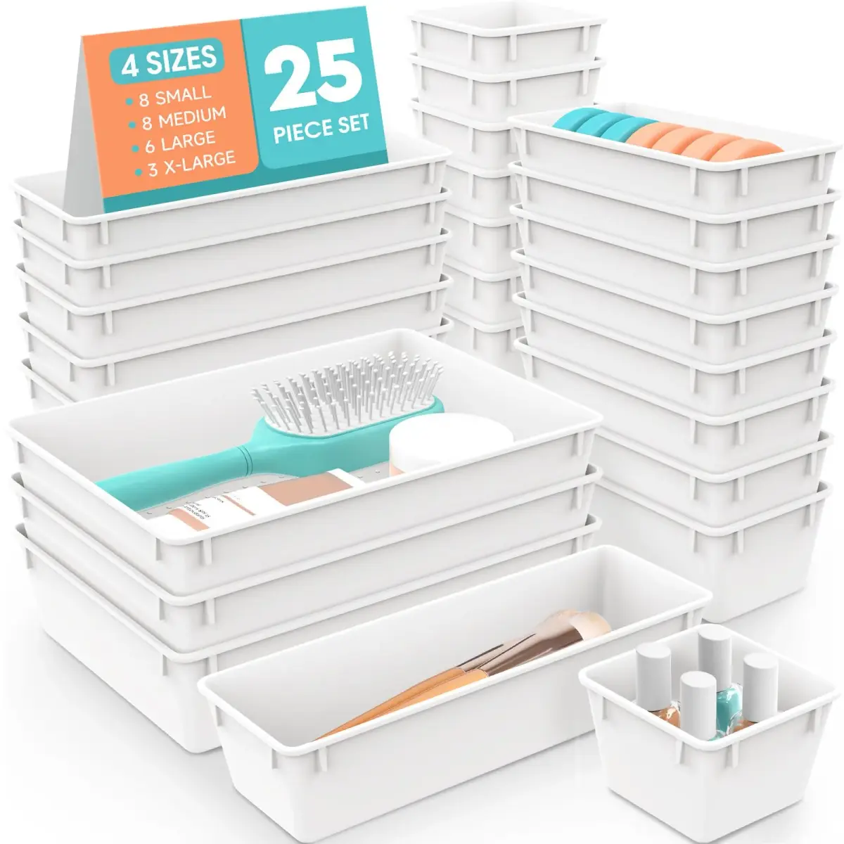 WOWBOX 25 PCS Plastic Drawer Organizer Set, White | 4 Sizes for Makeup, Office, Craft Supplies - main product image