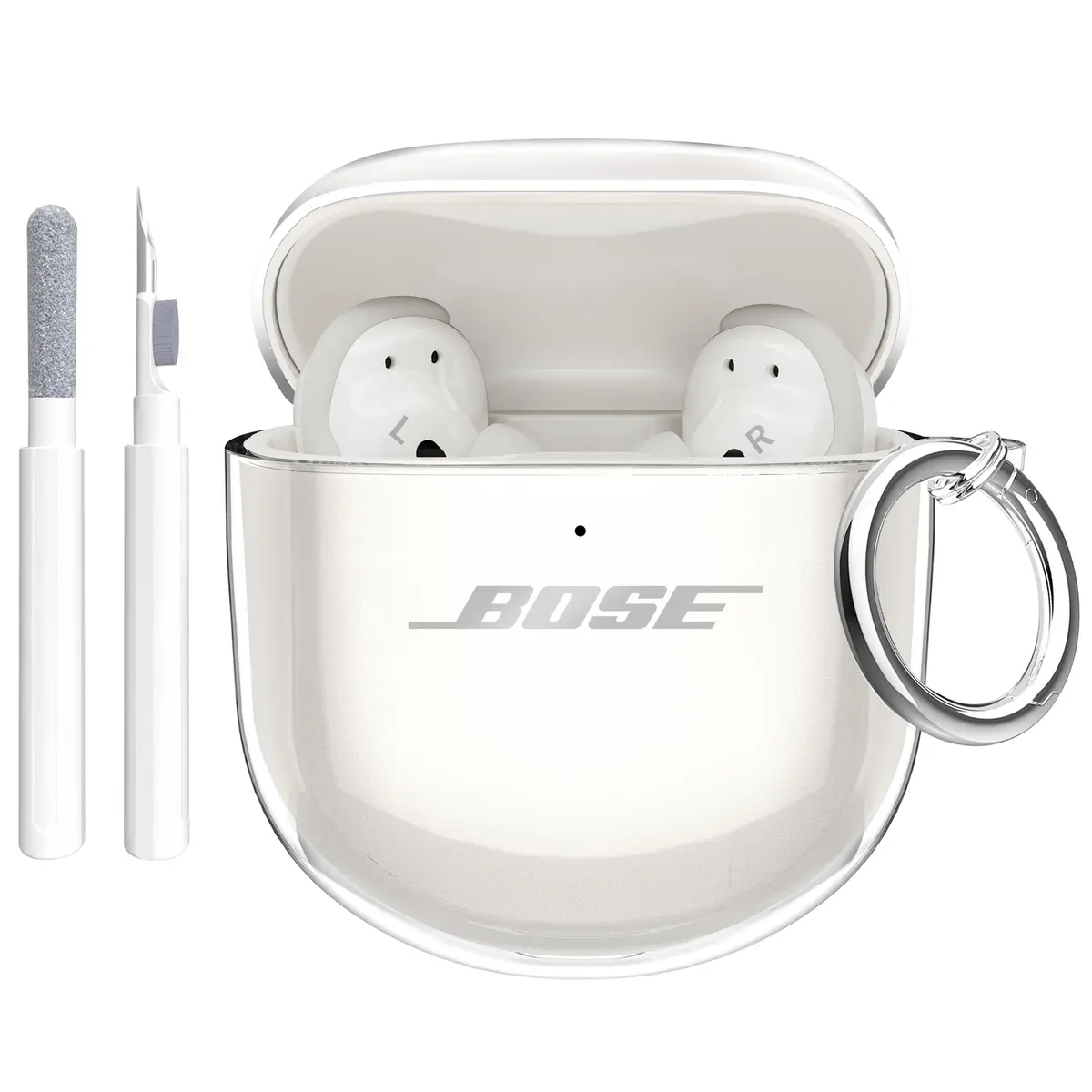 Aircawin Clear Case for Bose QuietComfort Earbuds II / Ultra (2022-2025 Models) | Hingeless TPU Protective Cover with Carabiner & Cleaning Pen - main product image