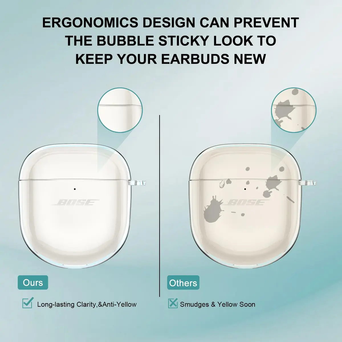 Aircawin Clear Case for Bose QuietComfort Earbuds II / Ultra (2022-2025 Models) | Hingeless TPU Protective Cover with Carabiner & Cleaning Pen - view 5