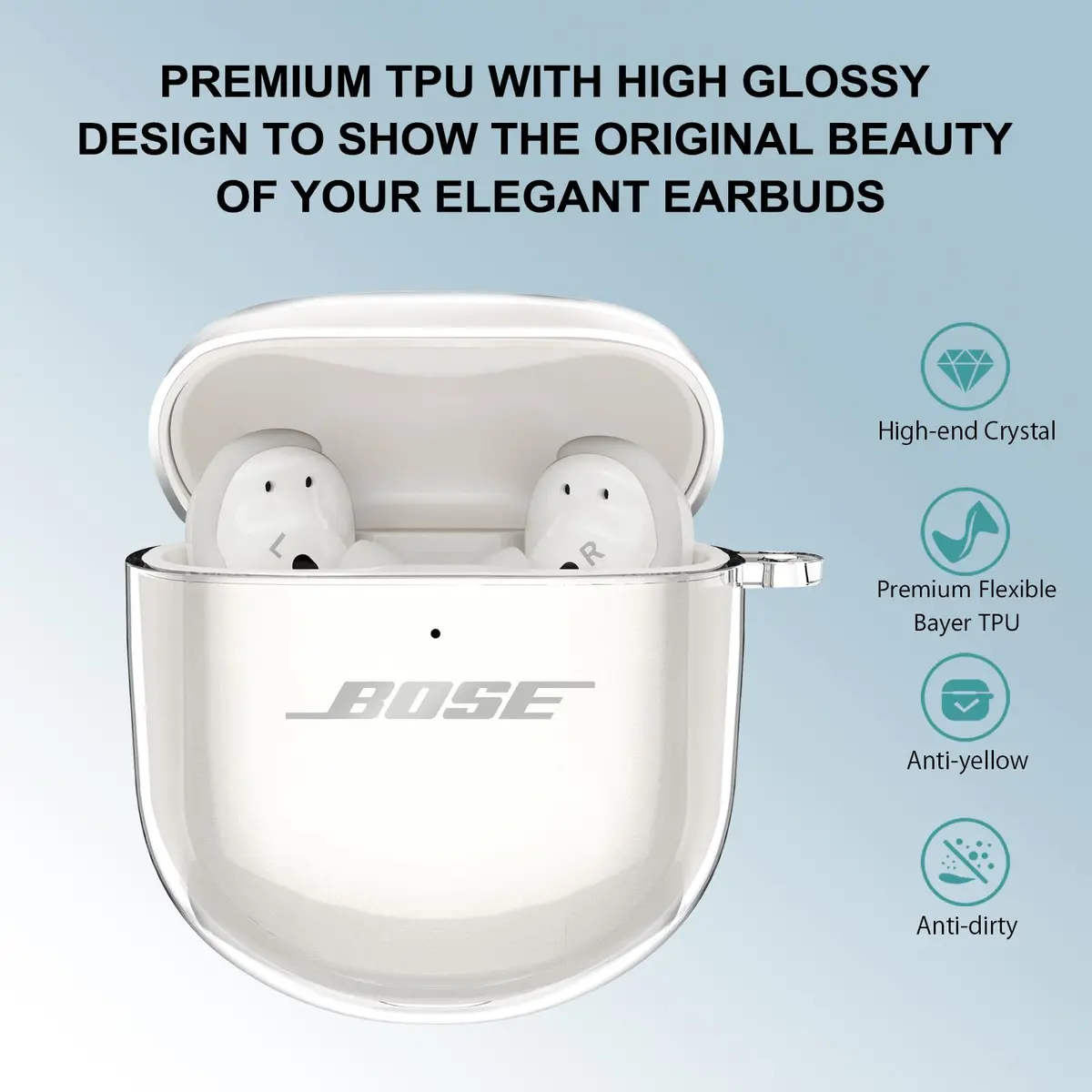 Aircawin Clear Case for Bose QuietComfort Earbuds II / Ultra (2022-2025 Models) | Hingeless TPU Protective Cover with Carabiner & Cleaning Pen - view 2