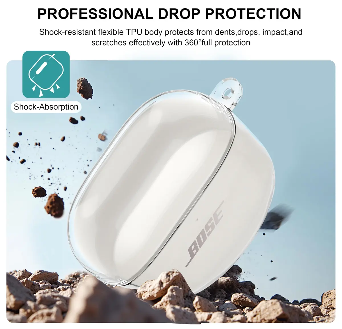 Aircawin Clear Case for Bose QuietComfort Earbuds II / Ultra (2022-2025 Models) | Hingeless TPU Protective Cover with Carabiner & Cleaning Pen - view 3