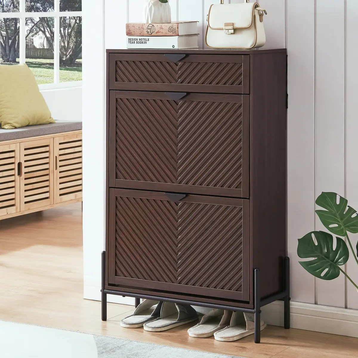 VIPLUMI Shoe Cabinet with 2 Flip Drawers | Narrow Entryway Storage in Brown - main product image