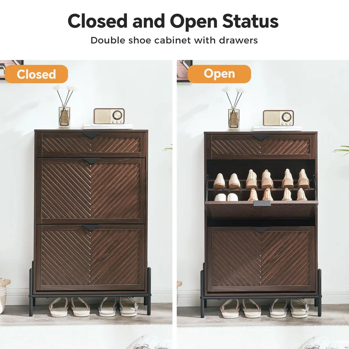 VIPLUMI Shoe Cabinet with 2 Flip Drawers | Narrow Entryway Storage in Brown - view 6