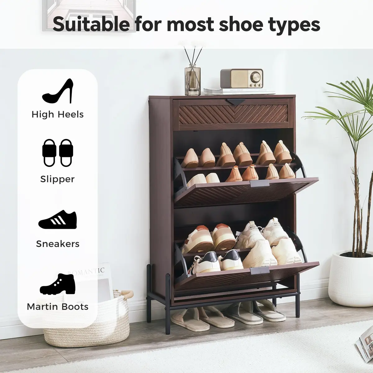 VIPLUMI Shoe Cabinet with 2 Flip Drawers | Narrow Entryway Storage in Brown - view 2