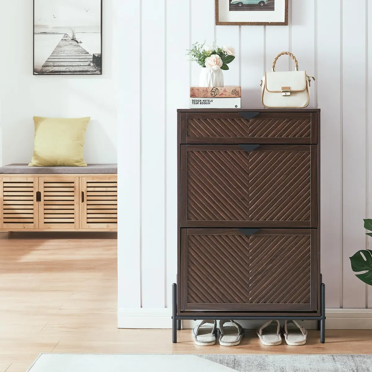 VIPLUMI Shoe Cabinet with 2 Flip Drawers | Narrow Entryway Storage in Brown - view 4