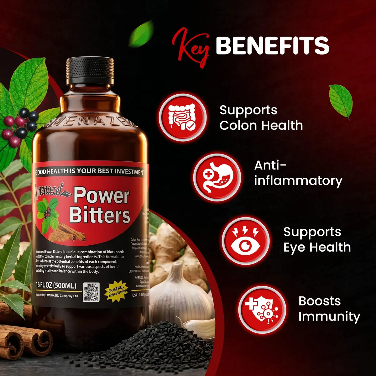 Amenazel Organic Power Bitters 16 Fl Oz | Natural Immune Support & Detox - view 7