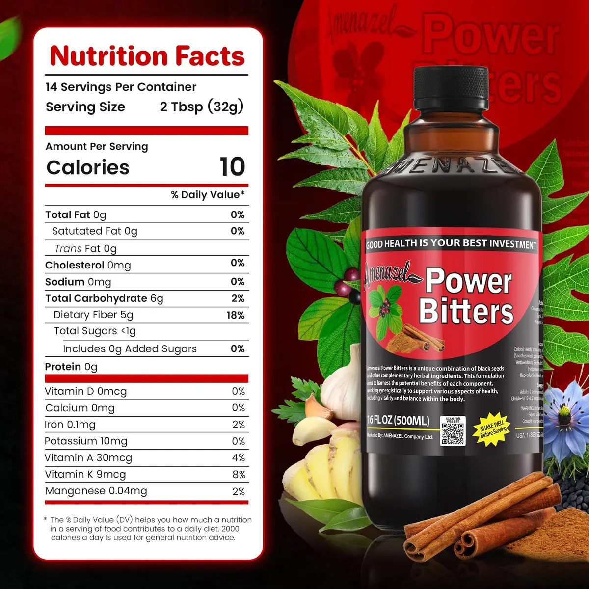 Amenazel Organic Power Bitters 16 Fl Oz | Natural Immune Support & Detox - view 9