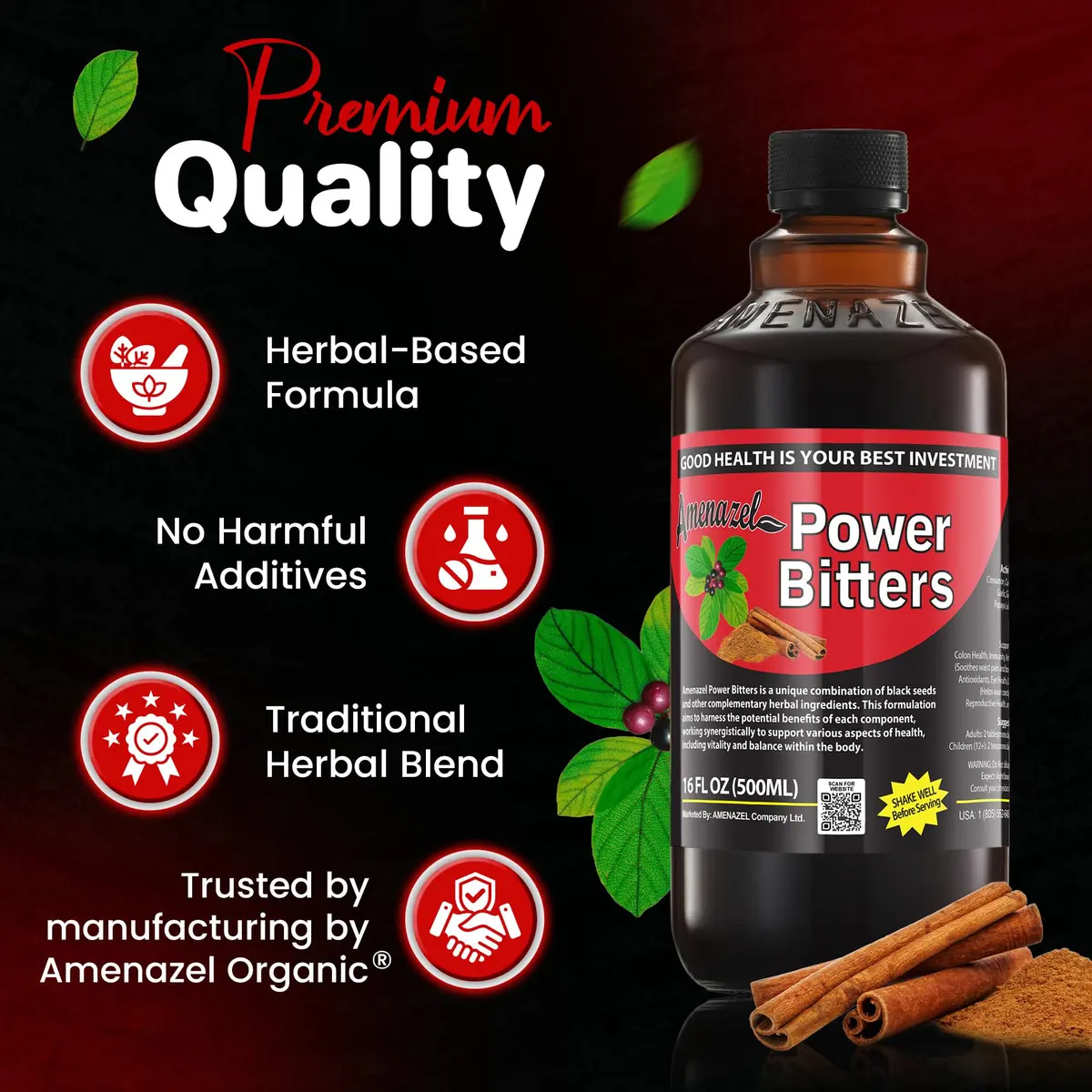 Amenazel Organic Power Bitters 16 Fl Oz | Natural Immune Support & Detox - view 4