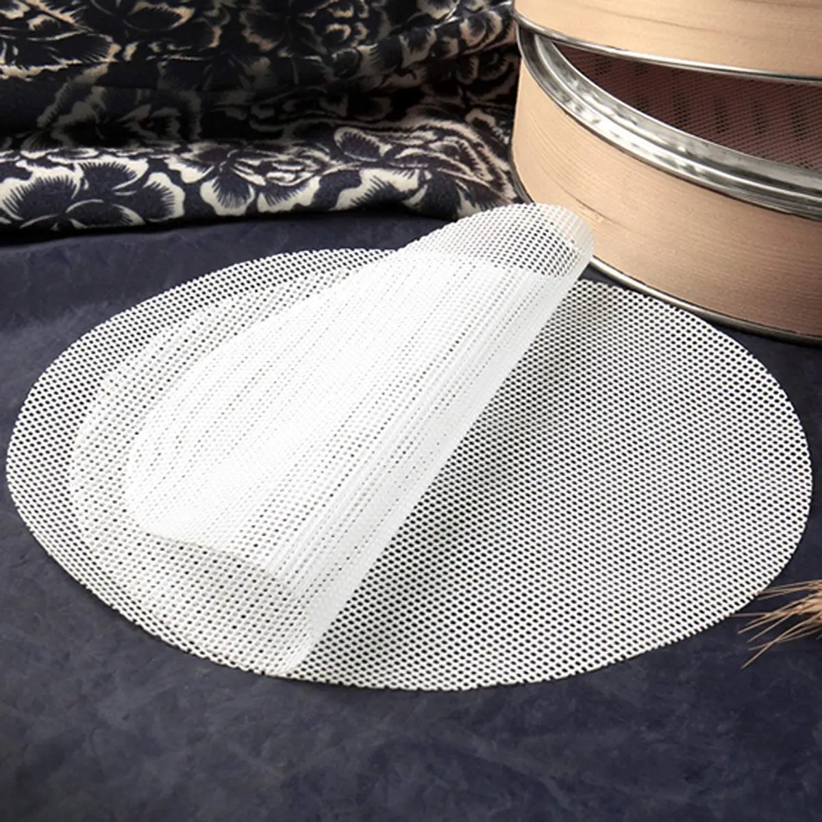 GUCUJI 11 Inch Silicone Bamboo Steamer Liners (4-Pack, White) | Reusable Non-Stick Mesh Mats for Steaming Buns, Dumplings, Dim Sum, Momo, Rice, Fish - view 2