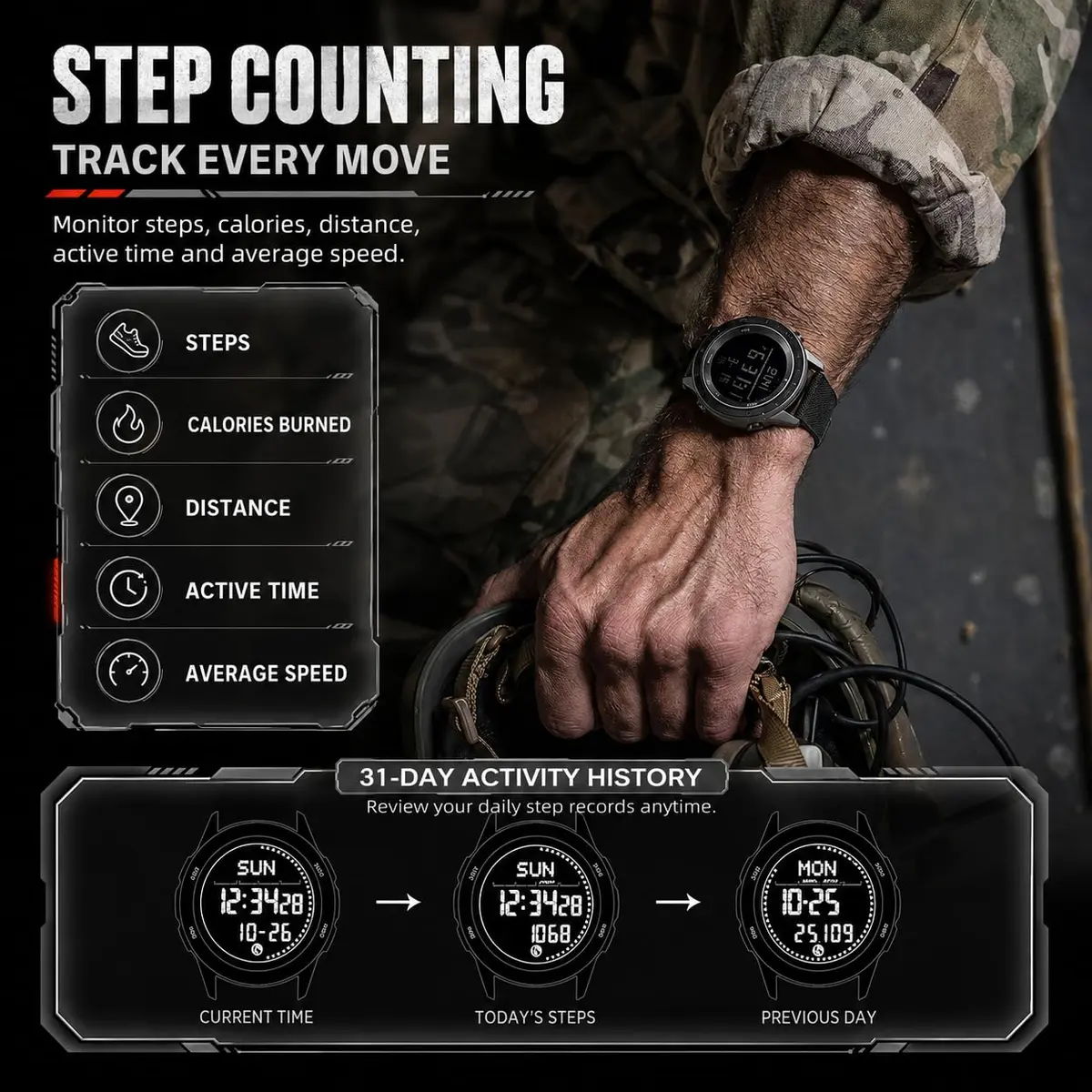 NORTH EDGE TANK3 Men’s Digital Sports Watch, Tactical Military Watch with Compass, Pedometer, Stopwatch, EL Backlight, 50M Water Resistant - view 5