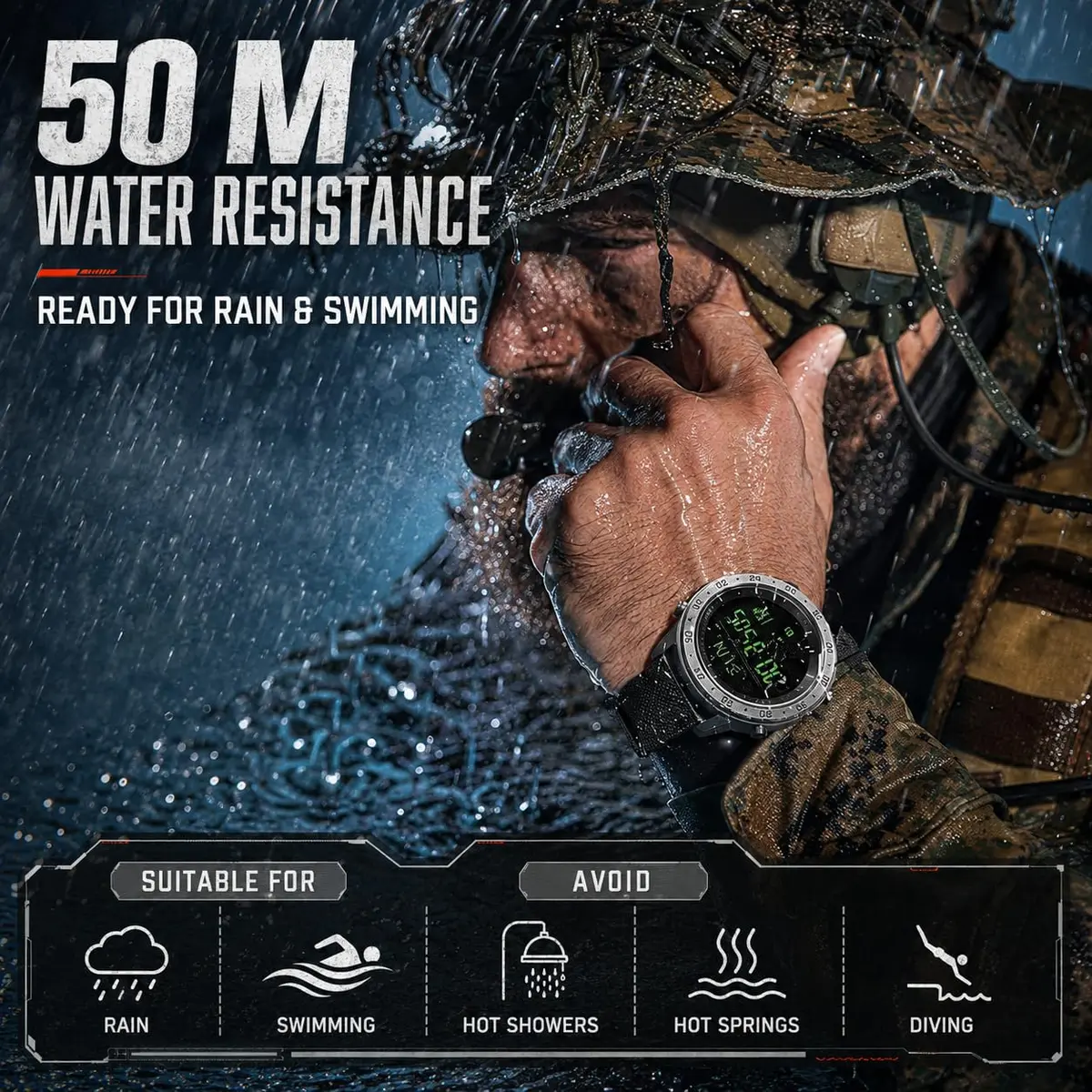 NORTH EDGE TANK3 Men’s Digital Sports Watch, Tactical Military Watch with Compass, Pedometer, Stopwatch, EL Backlight, 50M Water Resistant - view 6