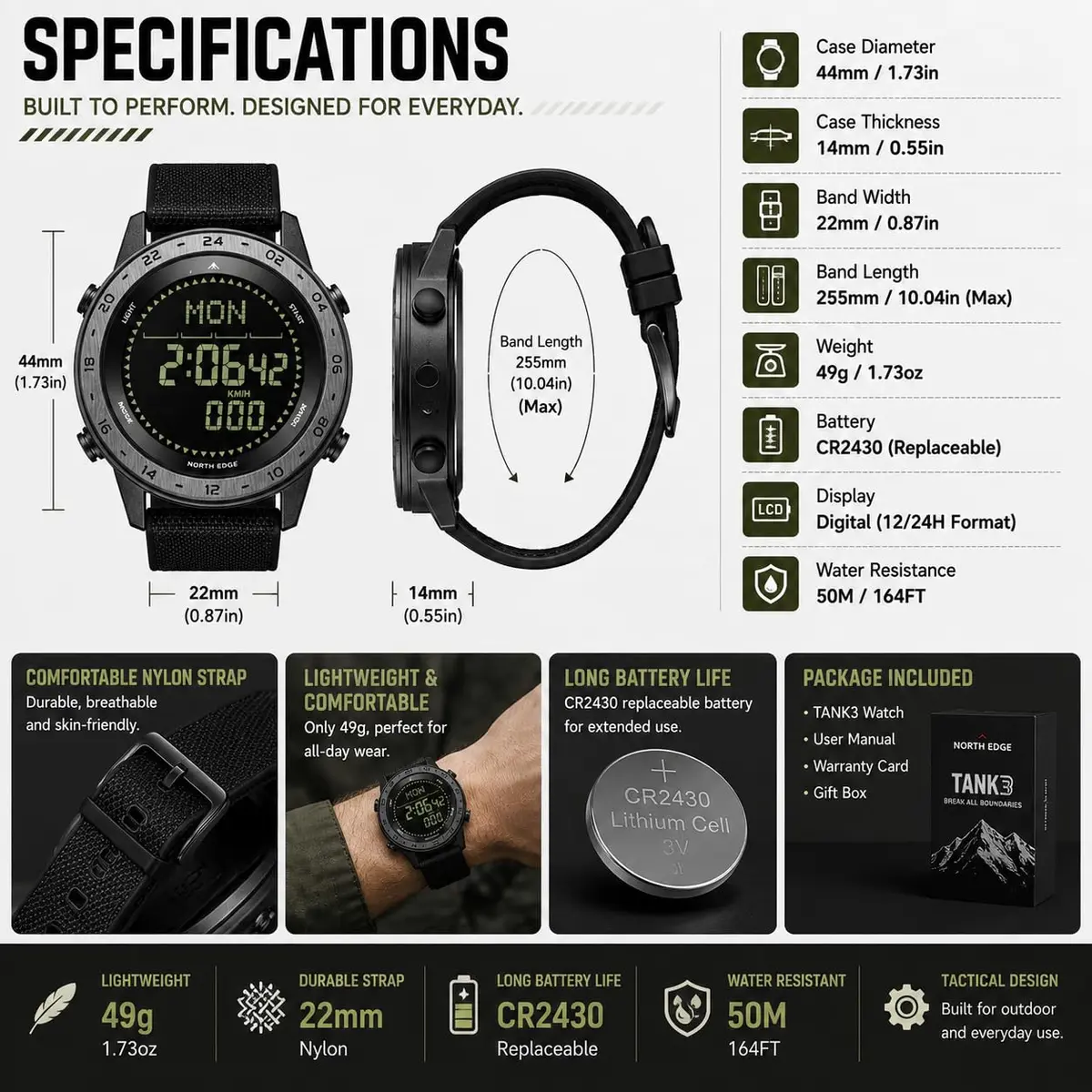 NORTH EDGE TANK3 Men’s Digital Sports Watch, Tactical Military Watch with Compass, Pedometer, Stopwatch, EL Backlight, 50M Water Resistant - view 7