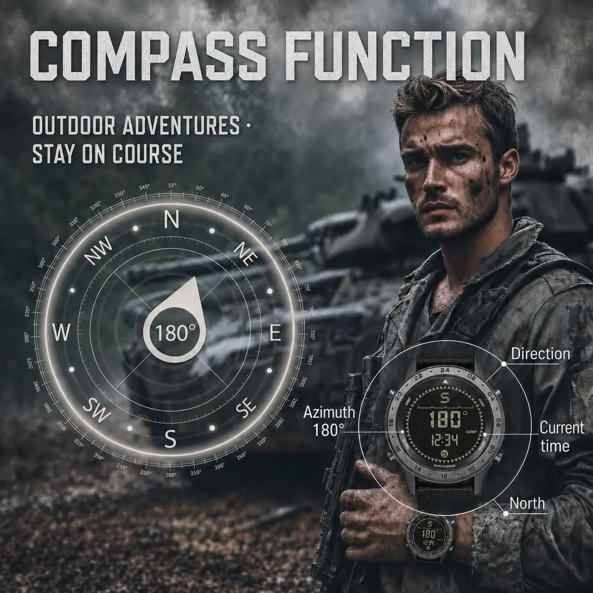 NORTH EDGE TANK3 Men’s Digital Sports Watch, Tactical Military Watch with Compass, Pedometer, Stopwatch, EL Backlight, 50M Water Resistant - view 3