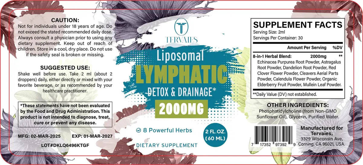 Tervaies Liposomal Lymphatic Detox & Drainage Drops – 2000mg Herbal Blend with Elderberry & Echinacea | Supports Lymphatic Flow & Immunity (110c) - view 7