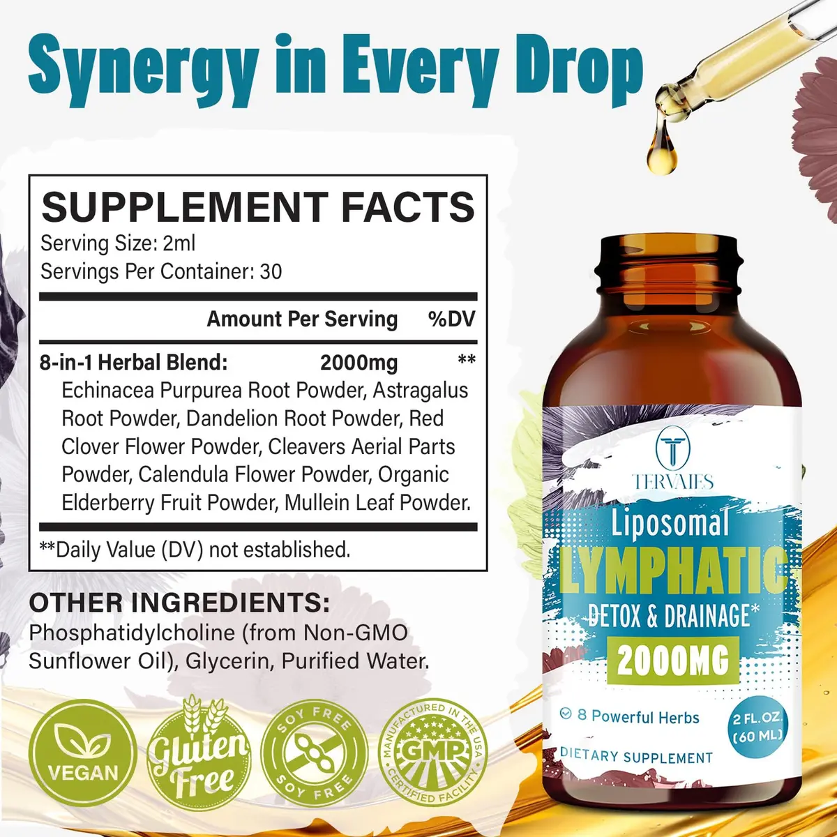 Tervaies Liposomal Lymphatic Detox & Drainage Drops – 2000mg Herbal Blend with Elderberry & Echinacea | Supports Lymphatic Flow & Immunity (110c) - view 2
