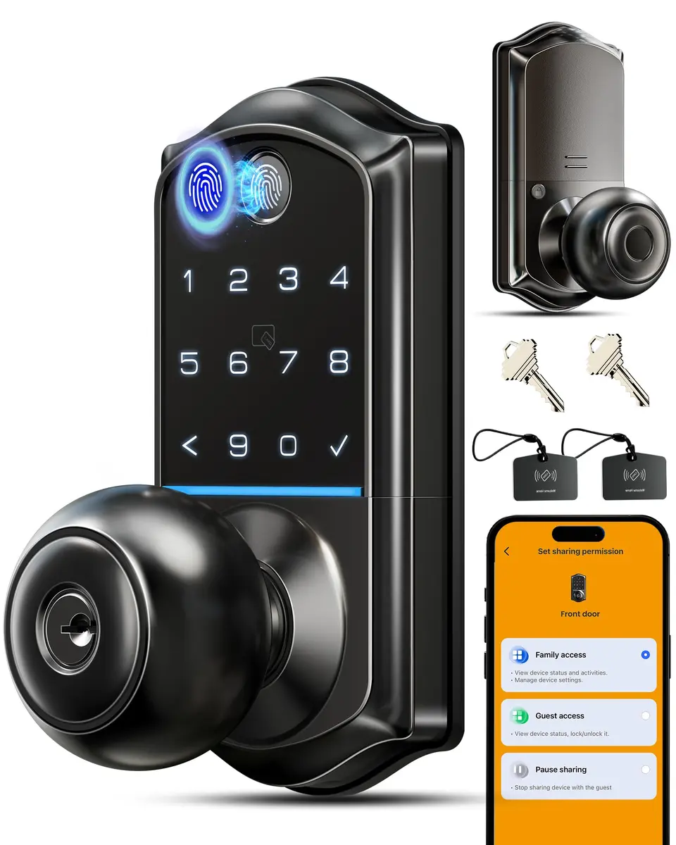 Veise VE018 Smart Door Knob Handle Lock with Fingerprint Keypad, Matte Black, 1-Pack - main product image