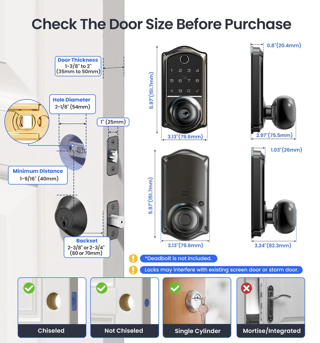 Veise VE018 Smart Door Knob Handle Lock with Fingerprint Keypad, Matte Black, 1-Pack - view 6