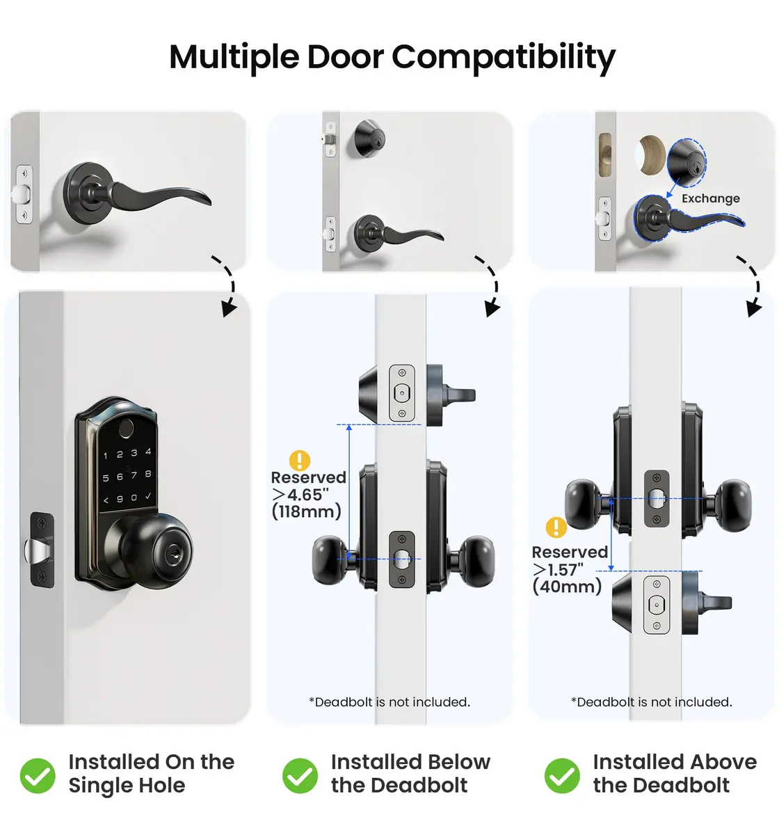 Veise VE018 Smart Door Knob Handle Lock with Fingerprint Keypad, Matte Black, 1-Pack - view 7