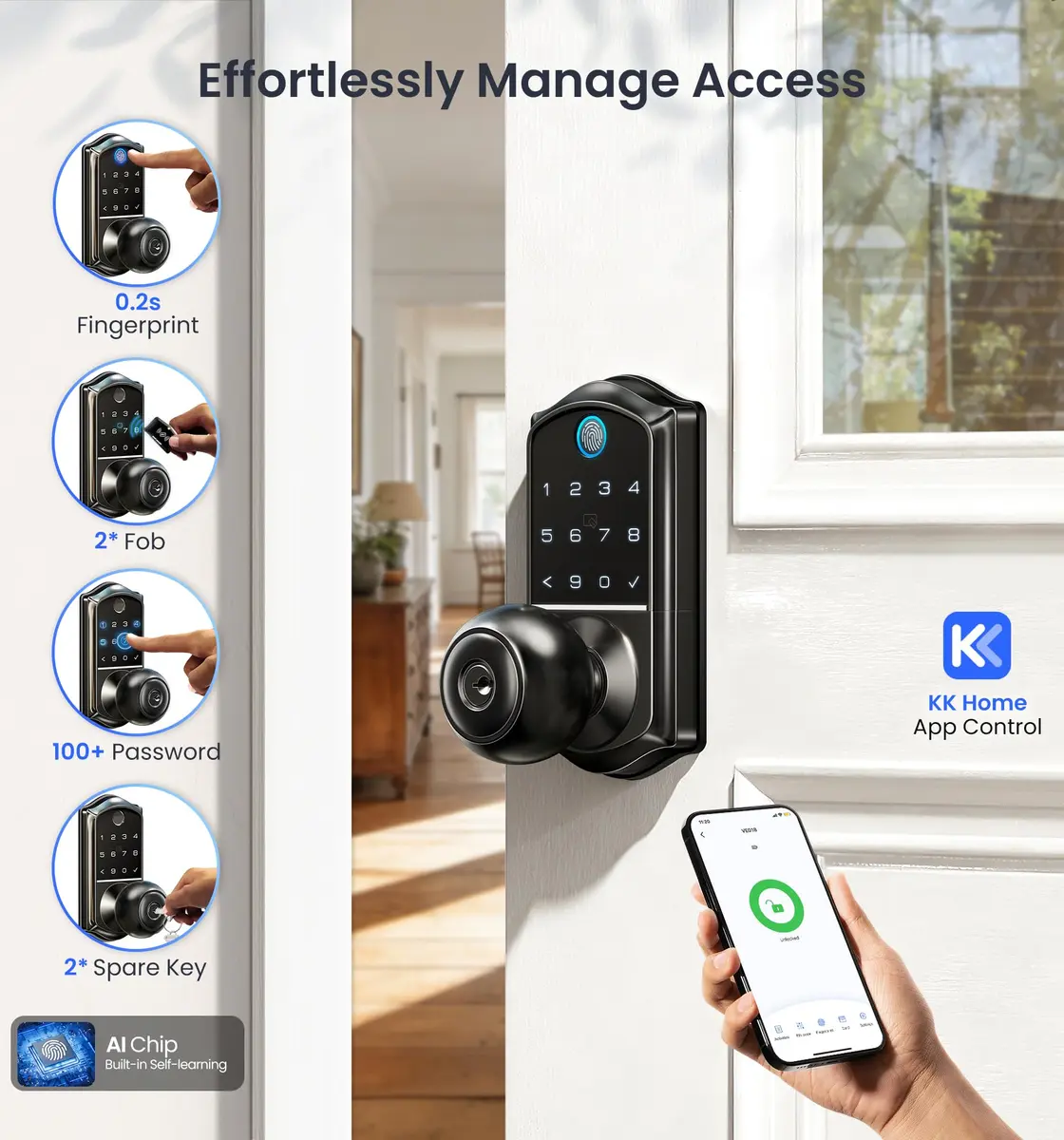Veise VE018 Smart Door Knob Handle Lock with Fingerprint Keypad, Matte Black, 1-Pack - view 2