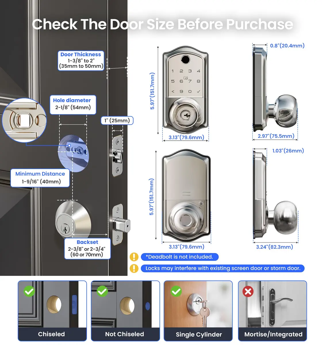 Veise VE018 Smart Door Knob Handle Lock Satin Nickel | Keyless Entry with App Control & Fingerprint Unlock - view 6