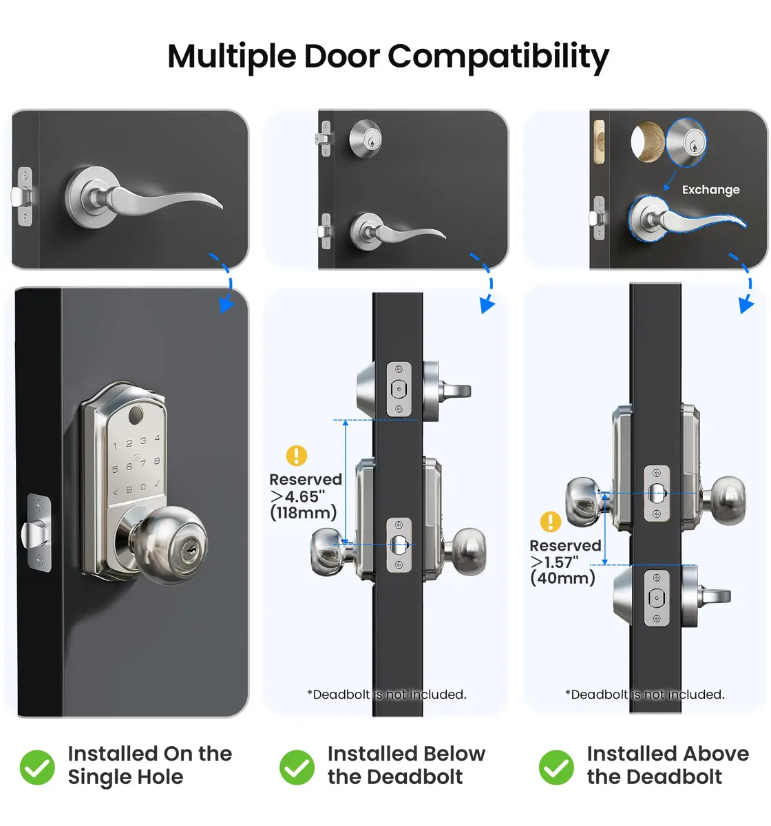 Veise VE018 Smart Door Knob Handle Lock Satin Nickel | Keyless Entry with App Control & Fingerprint Unlock - view 7
