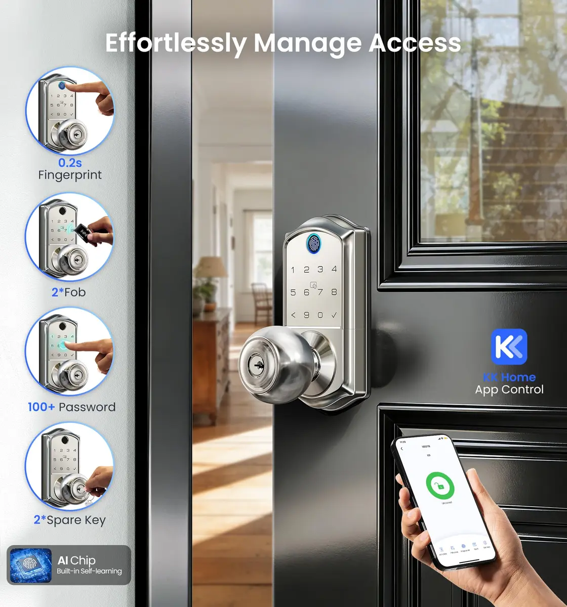 Veise VE018 Smart Door Knob Handle Lock Satin Nickel | Keyless Entry with App Control & Fingerprint Unlock - view 2