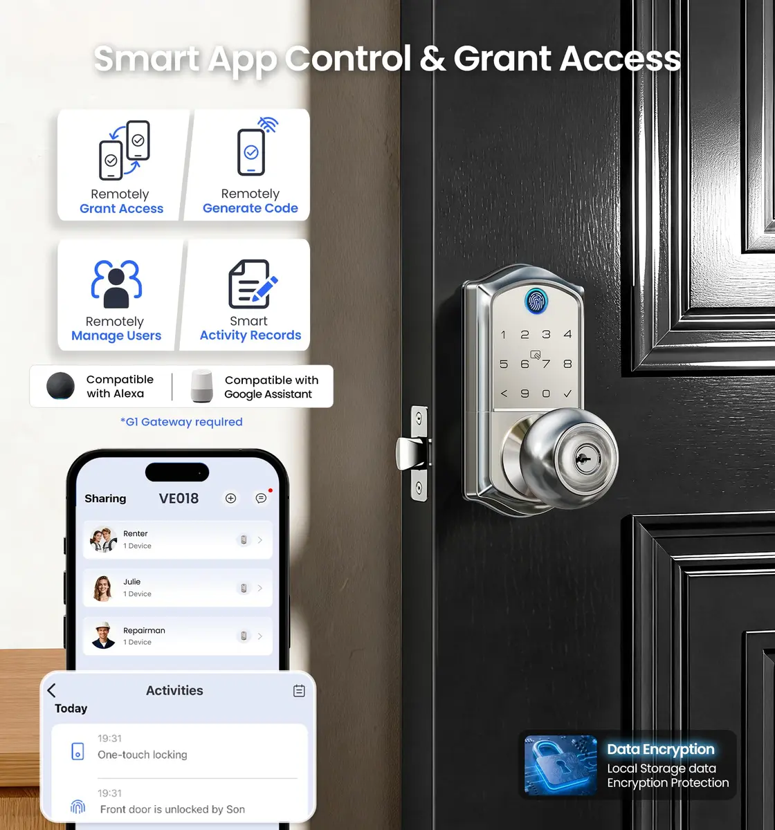 Veise VE018 Smart Door Knob Handle Lock Satin Nickel | Keyless Entry with App Control & Fingerprint Unlock - view 3