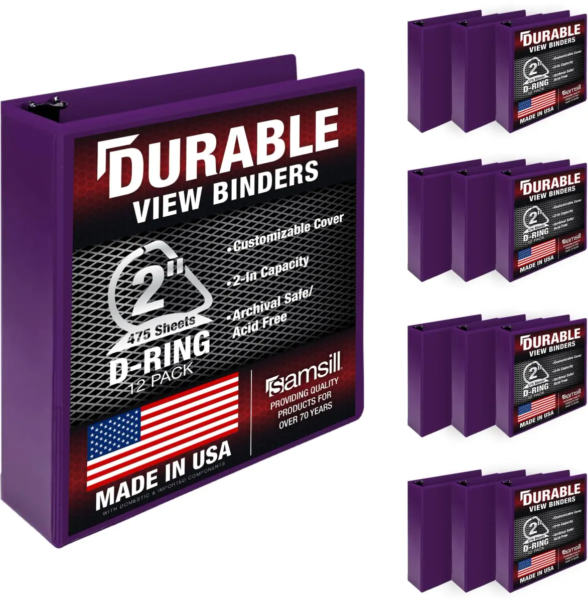 Samsill 2 Inch D-Ring Binder, Purple, 12-Pack | Customizable Clear View Cover for Office & School - main product image