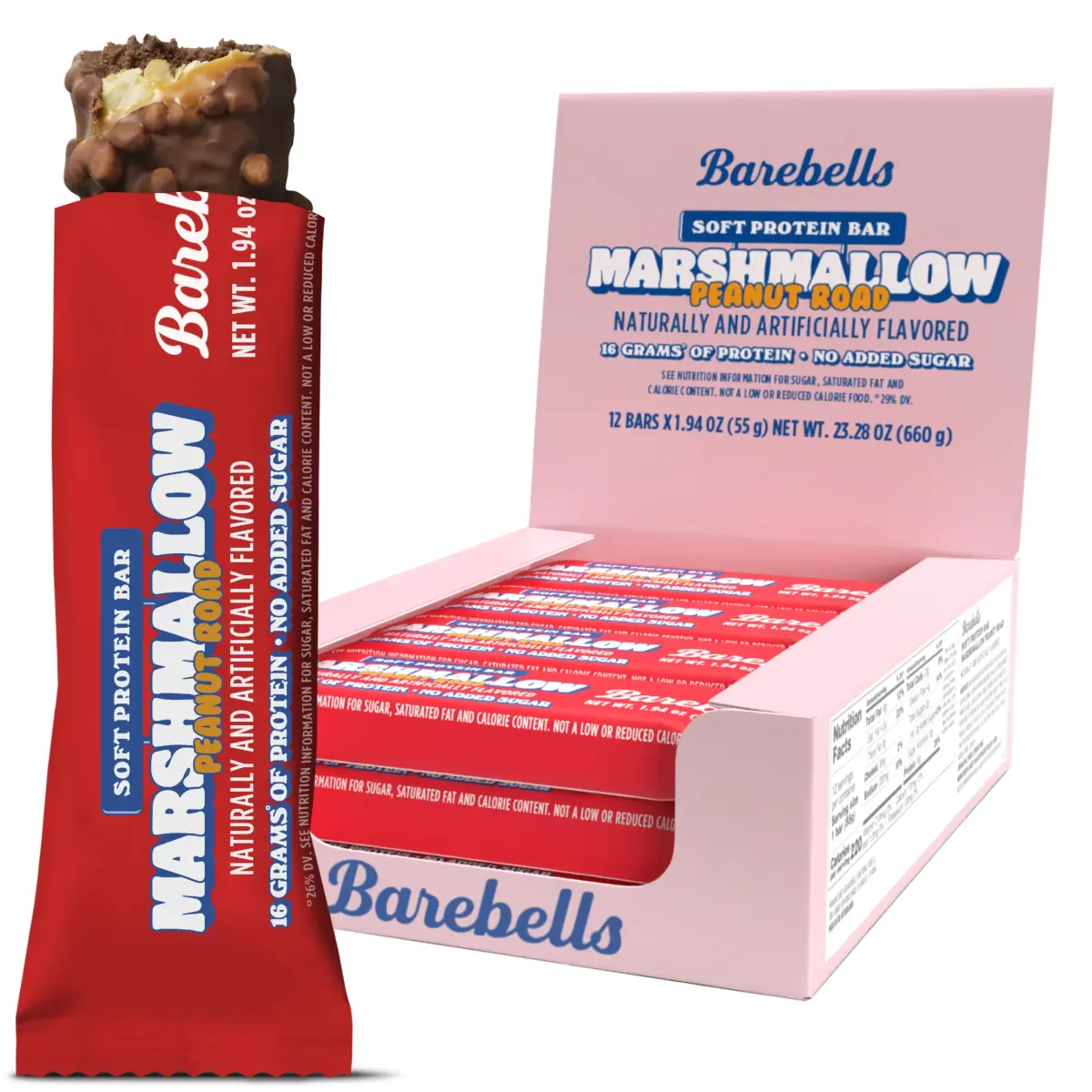 BAREBELLS Soft Protein Bar Marshmallow Peanut Road (12 Count, 1.9oz Each) | High Protein Snack for Gym-Goers - main product image