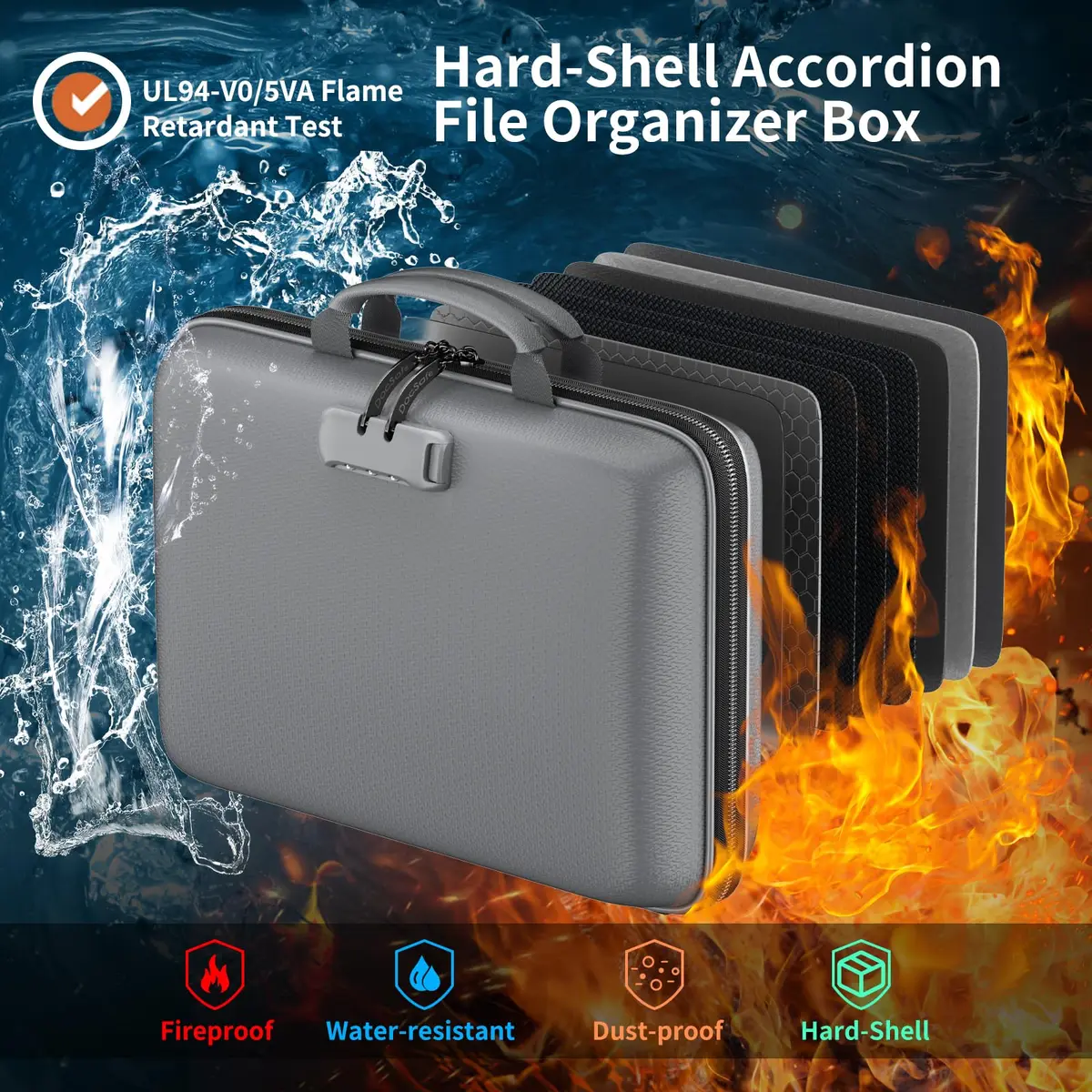 DocSafe Fireproof Document Box with Lock & 13 Pockets, 38.1cm x 29.2cm x 7.6cm (15.5" x 11.5" x 3") | Fire & Water Resistant Hard-Shell Organizer - view 2