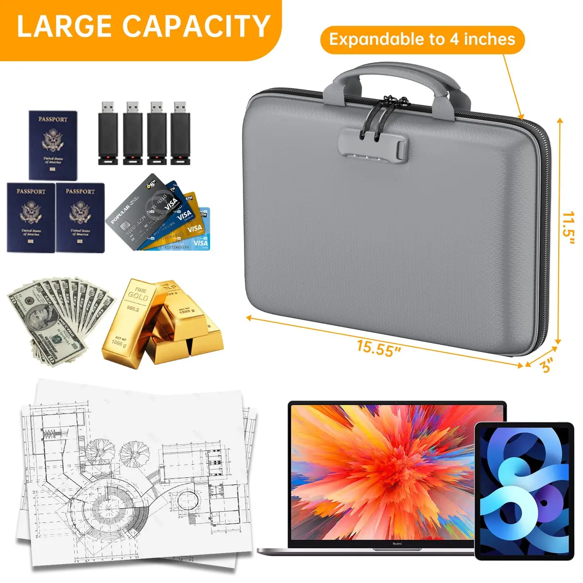 DocSafe Fireproof Document Box with Lock & 13 Pockets, 38.1cm x 29.2cm x 7.6cm (15.5" x 11.5" x 3") | Fire & Water Resistant Hard-Shell Organizer - view 4