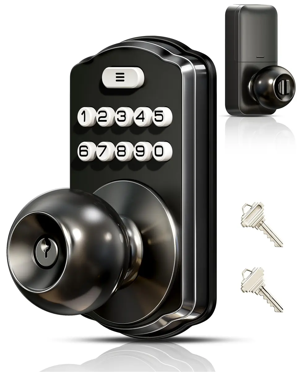 Veise KS03 Keypad Door Knob with Handle | Keyless Entry Lock, Matte Black, 20 User Codes, Auto-Lock, Waterproof - main product image