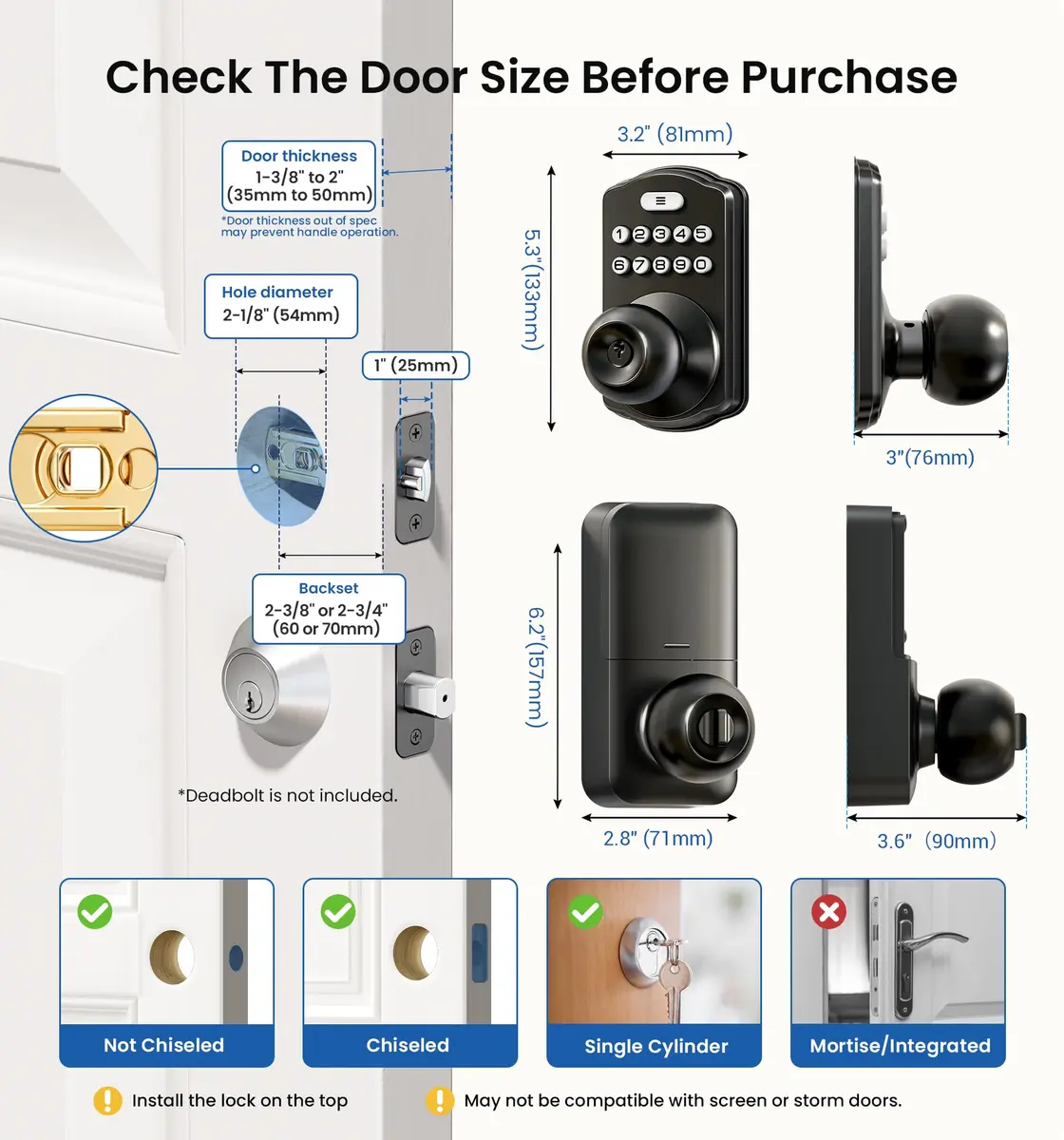 Veise KS03 Keypad Door Knob with Handle | Keyless Entry Lock, Matte Black, 20 User Codes, Auto-Lock, Waterproof - view 6