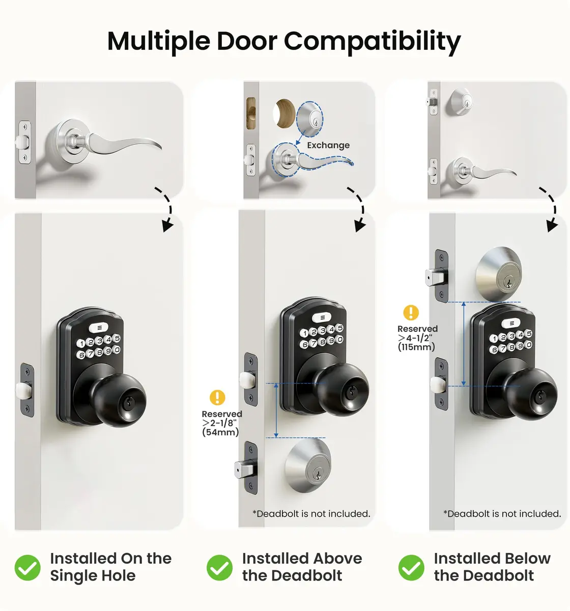 Veise KS03 Keypad Door Knob with Handle | Keyless Entry Lock, Matte Black, 20 User Codes, Auto-Lock, Waterproof - view 7