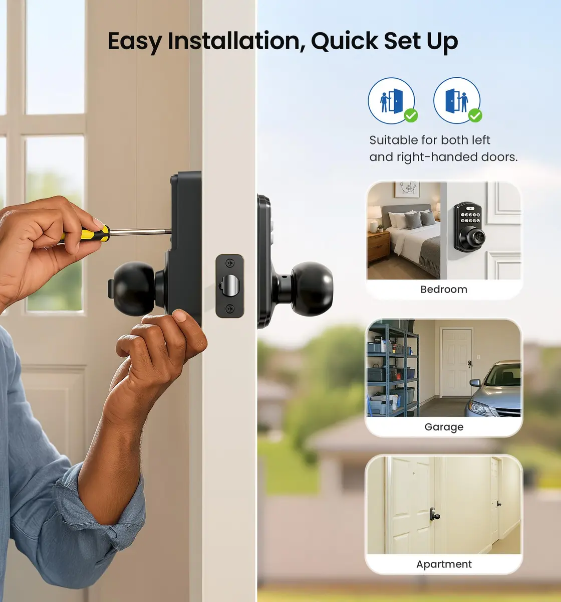 Veise KS03 Keypad Door Knob with Handle | Keyless Entry Lock, Matte Black, 20 User Codes, Auto-Lock, Waterproof - view 9