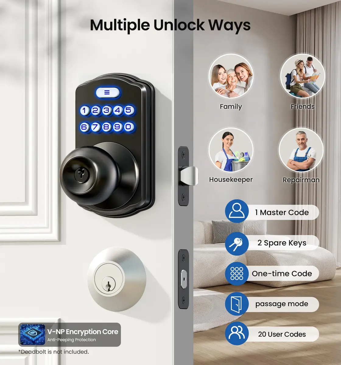 Veise KS03 Keypad Door Knob with Handle | Keyless Entry Lock, Matte Black, 20 User Codes, Auto-Lock, Waterproof - view 2