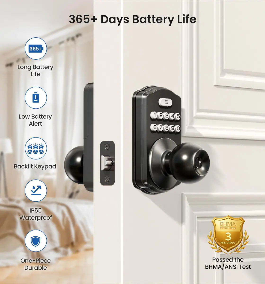 Veise KS03 Keypad Door Knob with Handle | Keyless Entry Lock, Matte Black, 20 User Codes, Auto-Lock, Waterproof - view 3