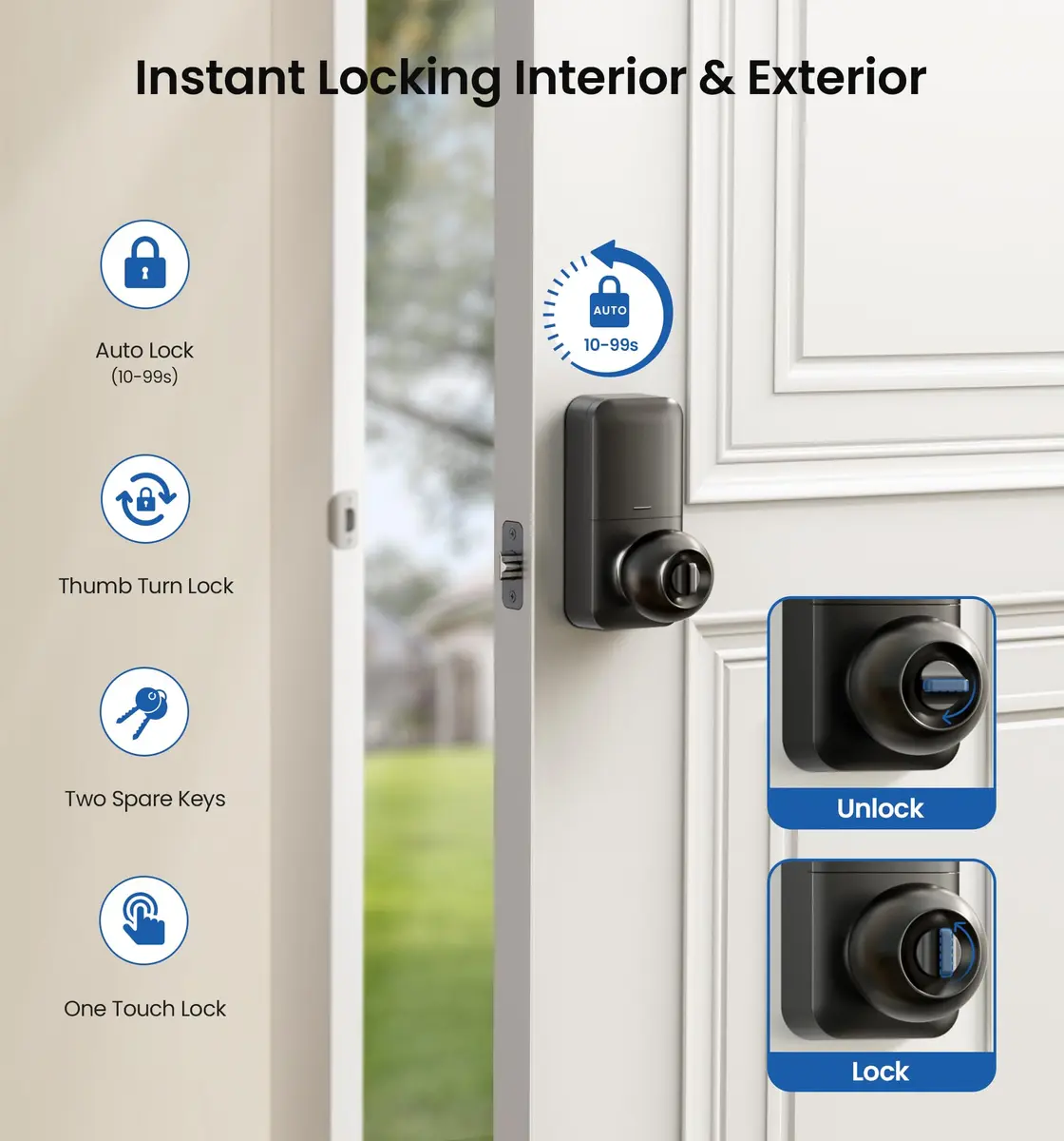 Veise KS03 Keypad Door Knob with Handle | Keyless Entry Lock, Matte Black, 20 User Codes, Auto-Lock, Waterproof - view 4