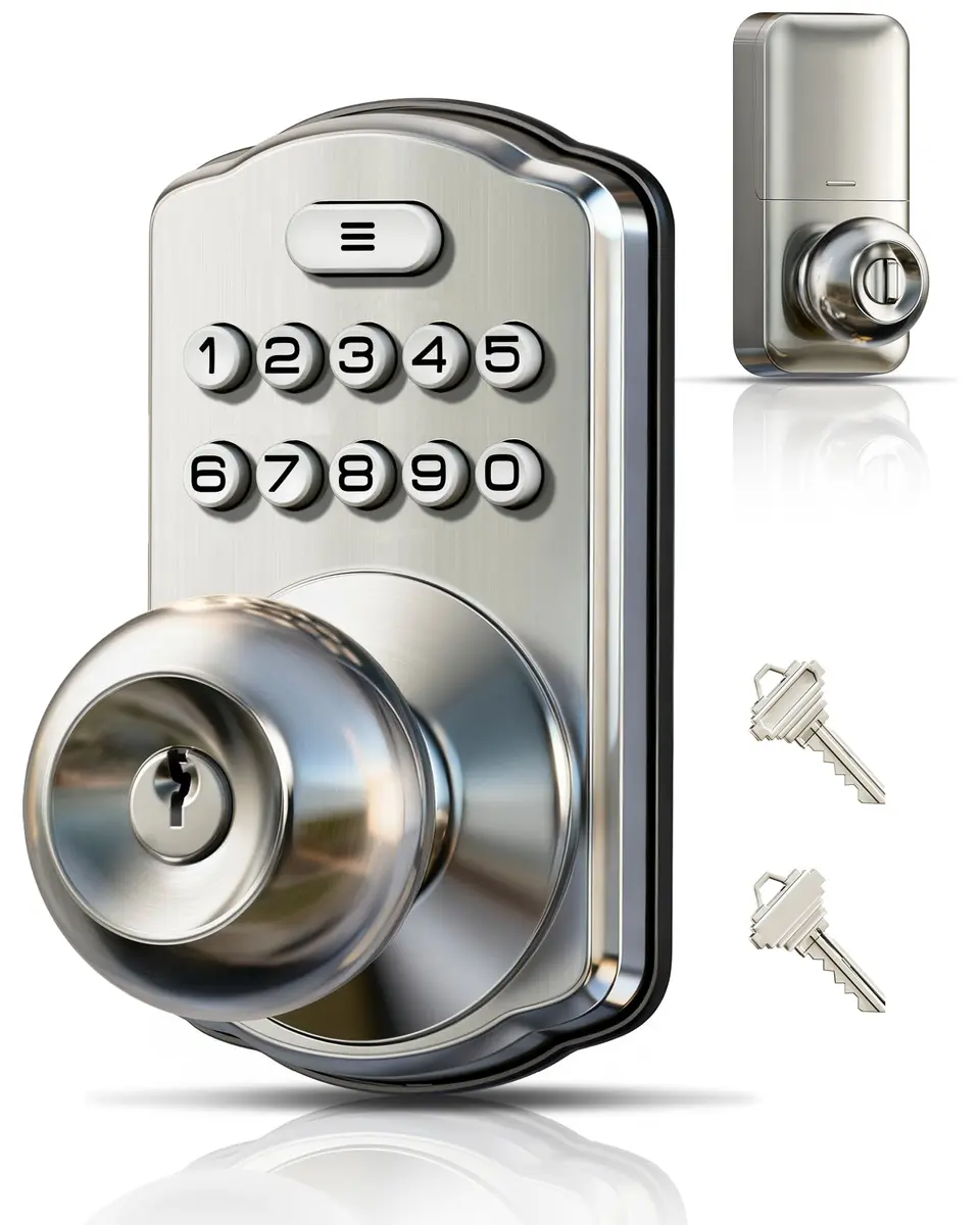 Veise KS03 Keypad Door Knob | Keyless Entry Lock with Handle, Satin Nickel, US Standard - main product image