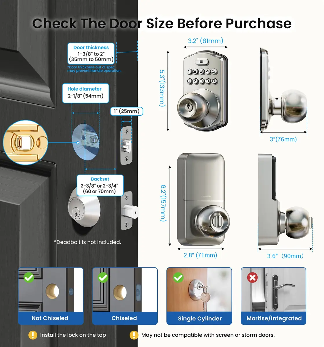 Veise KS03 Keypad Door Knob | Keyless Entry Lock with Handle, Satin Nickel, US Standard - view 6