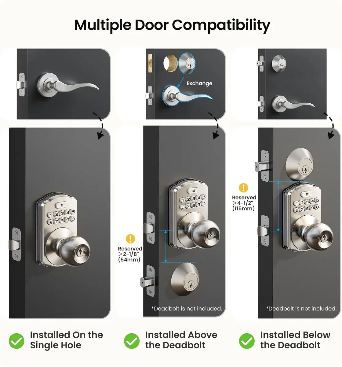 Veise KS03 Keypad Door Knob | Keyless Entry Lock with Handle, Satin Nickel, US Standard - view 7