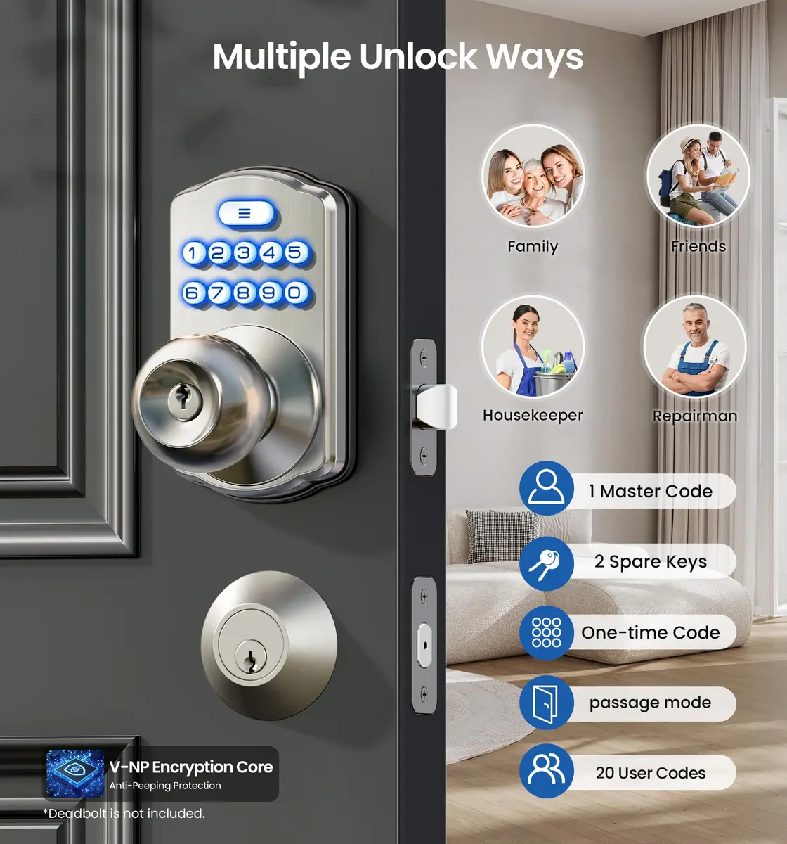 Veise KS03 Keypad Door Knob | Keyless Entry Lock with Handle, Satin Nickel, US Standard - view 2