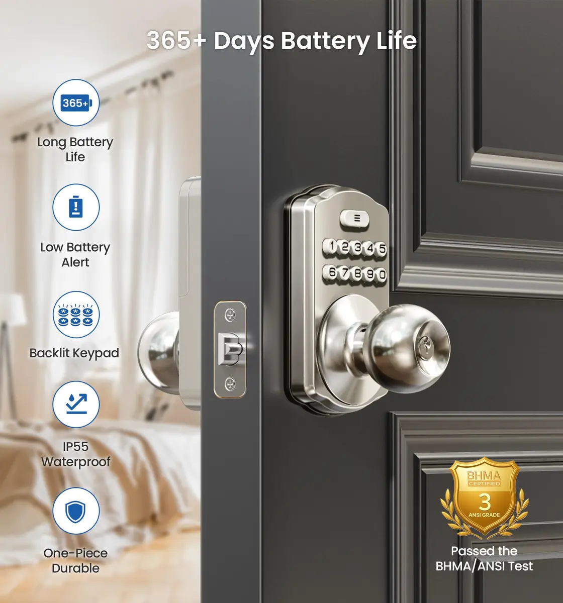 Veise KS03 Keypad Door Knob | Keyless Entry Lock with Handle, Satin Nickel, US Standard - view 3
