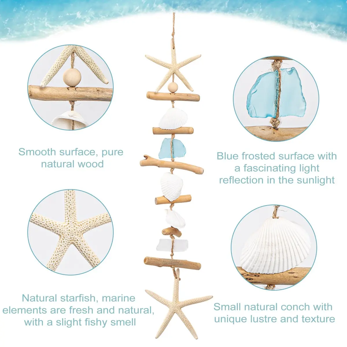 JQAQJU 2PCS Wooden Driftwood Wall Decor with Starfish, Coastal Wall Art 49.8cm (19.7 inches) - view 4