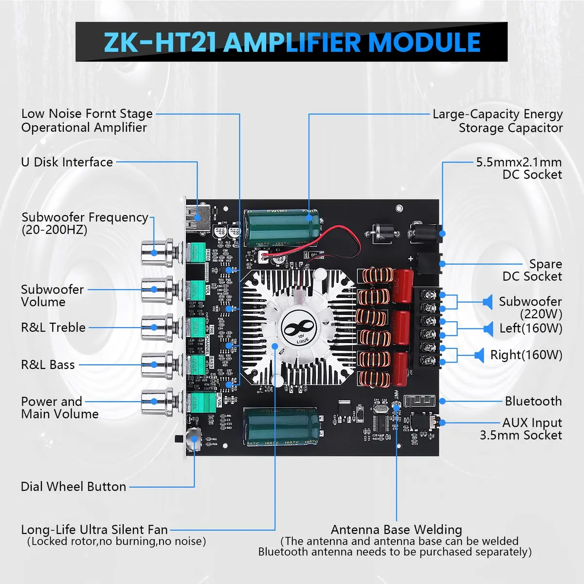 ARRAROWN Bluetooth Amplifier Board ZK-HT21 2.1 Channel 160W x 2 + 220W Subwoofer | HiFi Stereo Audio - view 6