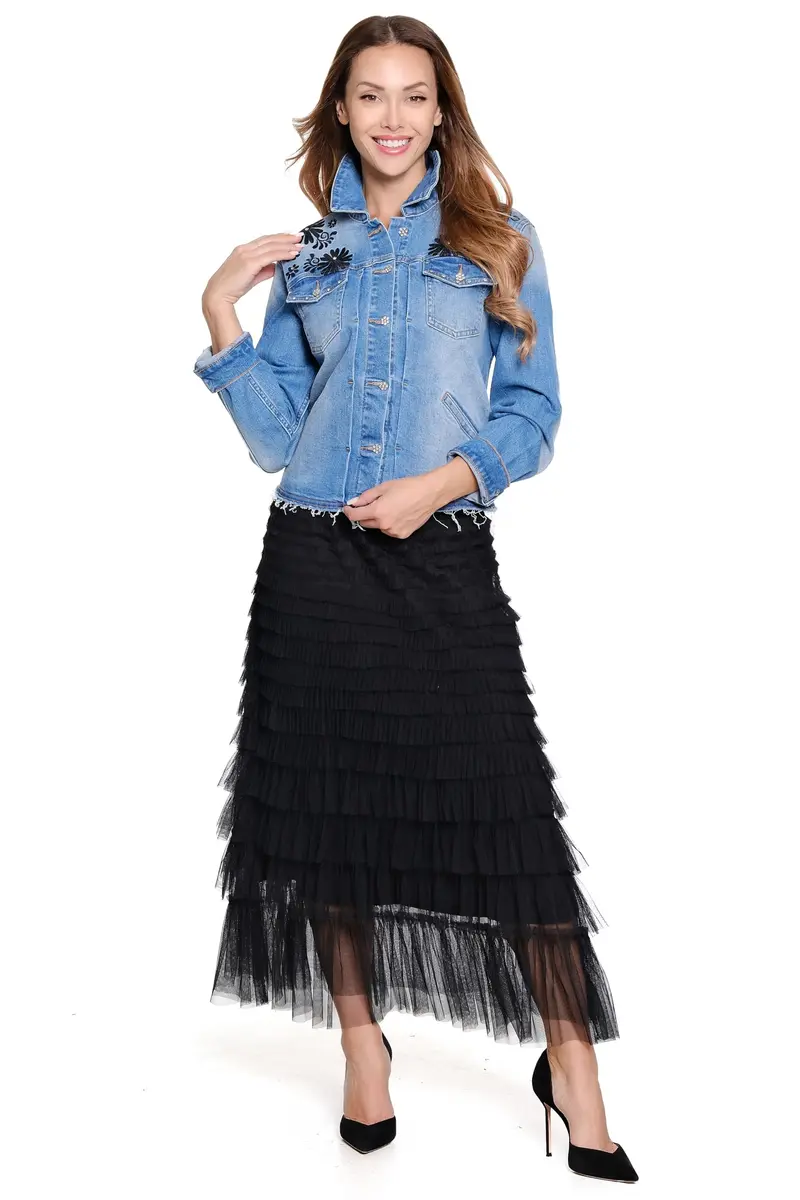 John-Mark Tiered Tulle Lined Pull On Skirt | Elegant Black, Mid Rise, Petite - main product image